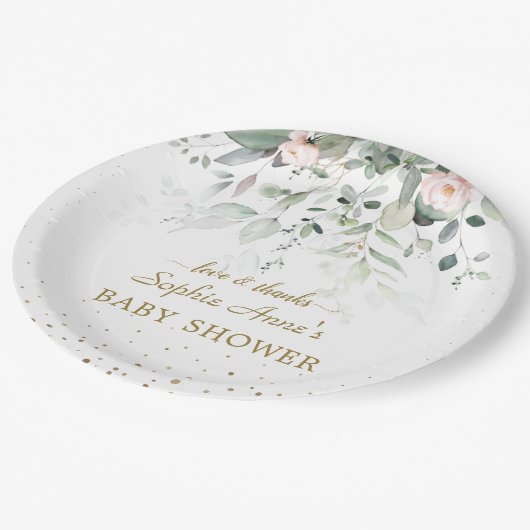 Charm Waterverf Greenery Pink Floral Baby shower Papieren Bordje (Gekanteld)