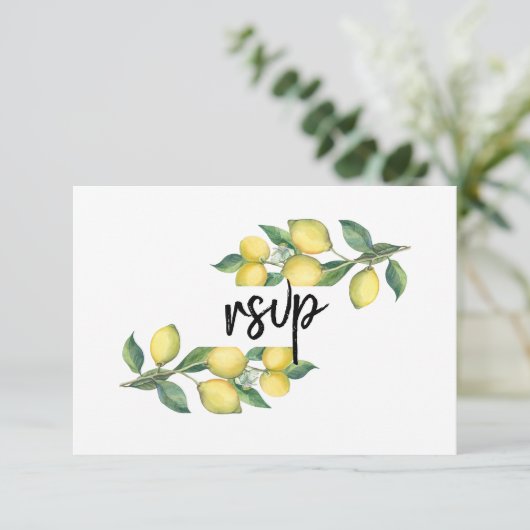 Charm Waterverf Lemon Tropical Wedding RSVP Kaartje (Staand voorkant)