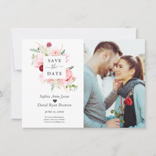Charm Waterverf Pink Red Flowers Foto Weddenschap Save The Date (Voorkant)