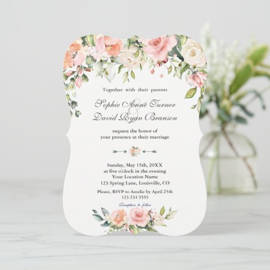 Charm Waterverf Roze Crème Bloemige Trouw Kaart (Staand voorkant)