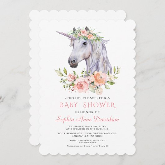 Charm Waterverf Unicorn Pink Floral Baby shower Kaart (Voorkant / Achterkant)