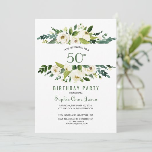 Charm Waterverf White Floral Lijst 50th Birthday Kaart (Staand voorkant)