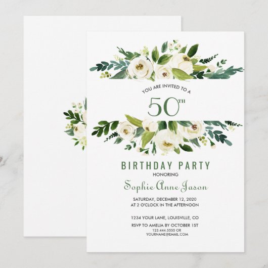 Charm Waterverf White Floral Lijst 50th Birthday Kaart (Voorkant / Achterkant)