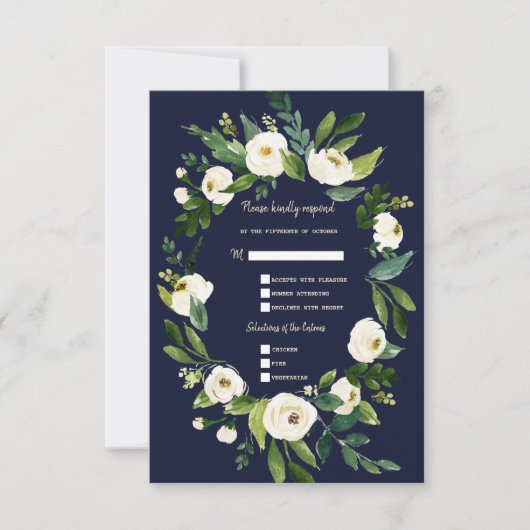 Charm Waterverf Witte Bloem Donkerblauwe Huwelijk RSVP Kaartje (Voorkant)