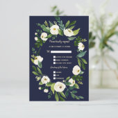 Charm Waterverf Witte Bloem Donkerblauwe Huwelijk RSVP Kaartje (Staand voorkant)