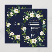Charm Waterverf Witte Bloem Donkerblauwe Huwelijk RSVP Kaartje (Voorkant / Achterkant)