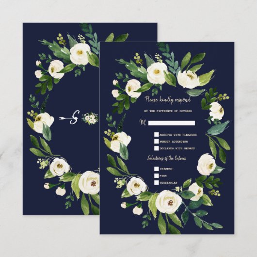 Charm Waterverf Witte Bloem Donkerblauwe Huwelijk RSVP Kaartje (Voorkant / Achterkant)