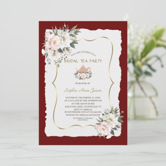Charm White Blush Floral Gold Bridal Tea Party Kaart (Staand voorkant)