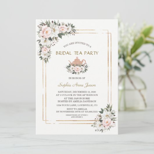 Charm White Blush Flowers Gold Bridal Tea I Kaart (Staand voorkant)