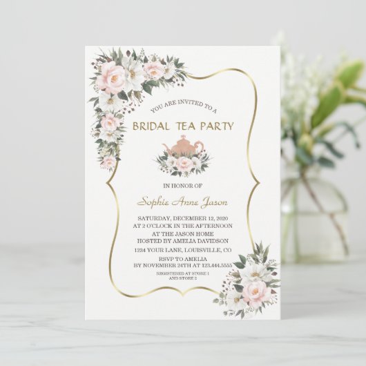 Charm White Blush Flowers Gold Bridal Tea Party Kaart (Staand voorkant)