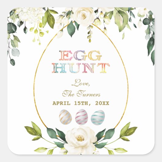 Charm White Cream Flowers Egg Hunt Gold Pasen Vierkante Sticker (Voorkant)