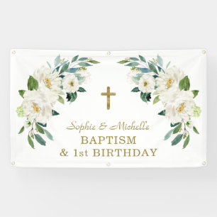 Charm White Floral Gold Cross Baptism Welkom Spandoek