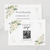 Charm White Floral Gold QR Code Wedding RSVP Kaart (Voorkant / Achterkant)