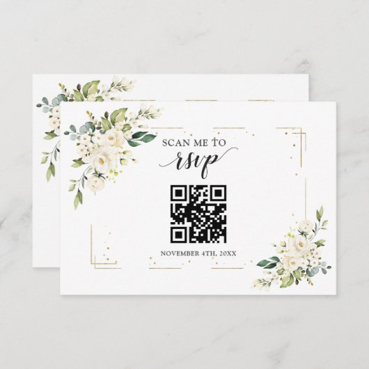 Charm White Floral Gold QR Code Wedding RSVP Kaart (Voorkant / Achterkant)