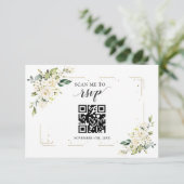 Charm White Floral Gold QR Code Wedding RSVP Kaartje (Staand voorkant)
