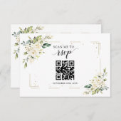 Charm White Floral Gold QR Code Wedding RSVP Kaartje (Voorkant / Achterkant)