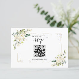Charm White Floral Gold QR Code Wedding RSVP Kaartje