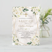 Charm White Floral Spain Invitacion De Bautizo Kaart (Staand voorkant)