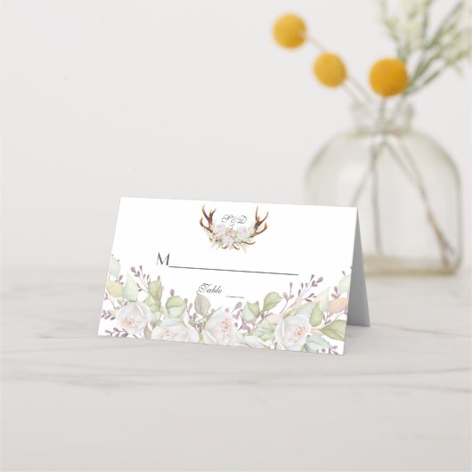 Charm White Flowers Antlers Wedstrijknummer Plaatskaartje (Voorkant)