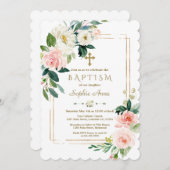 Charm White Flowers Bloom Gold Cross Baptisme Kaart (Voorkant / Achterkant)