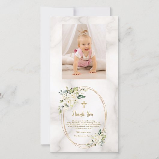 Charm White Flowers Gold Cross Foto Christening Bedankkaart (Voorkant)