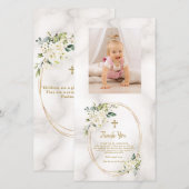 Charm White Flowers Gold Cross Foto Christening Bedankkaart (Voorkant / Achterkant)