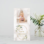 Charm White Flowers Gold Cross Foto Christening Bedankkaart (Staand voorkant)