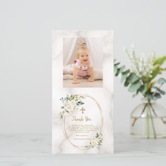 Charm White Flowers Gold Cross Foto Christening Bedankkaart (Staand voorkant)