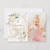 Charm White Flowers Gold Cross Foto Christening Bedankkaart (Voorkant)