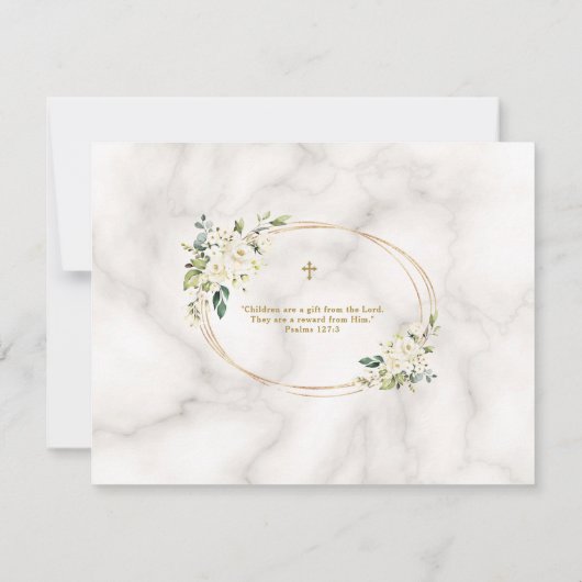 Charm White Flowers Gold Cross Foto Christening Bedankkaart (Achterkant)