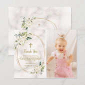 Charm White Flowers Gold Cross Foto Christening Bedankkaart (Voorkant / Achterkant)