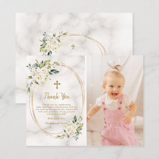 Charm White Flowers Gold Cross Foto Christening Bedankkaart (Voorkant / Achterkant)