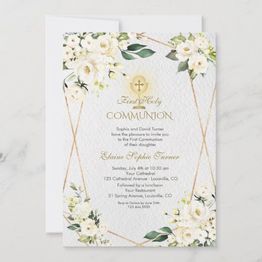Charm White Flowers Gold First Heilige Communie Kaart (Voorkant)
