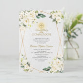 Charm White Flowers Gold First Heilige Communie Kaart (Staand voorkant)