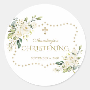 Charm White Flowers Gold Glitter Lijst Christening Ronde Sticker