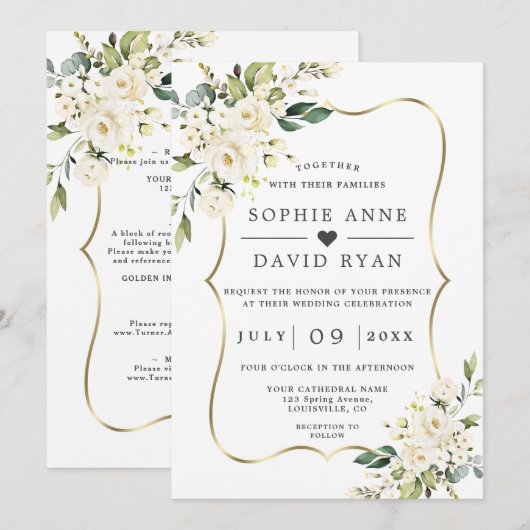 Charm White Flowers Gold in één huwelijk Kaart (Voorkant / Achterkant)