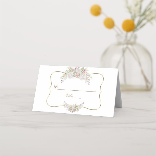 Charm White Flowers Gold Wedingstabel Number Plaatskaartje (Voorkant)