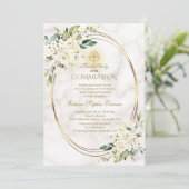 Charm White Flowers Marble Gold Heilige Communie Kaart (Staand voorkant)