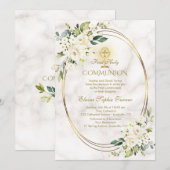 Charm White Flowers Marble Gold Heilige Communie Kaart (Voorkant / Achterkant)