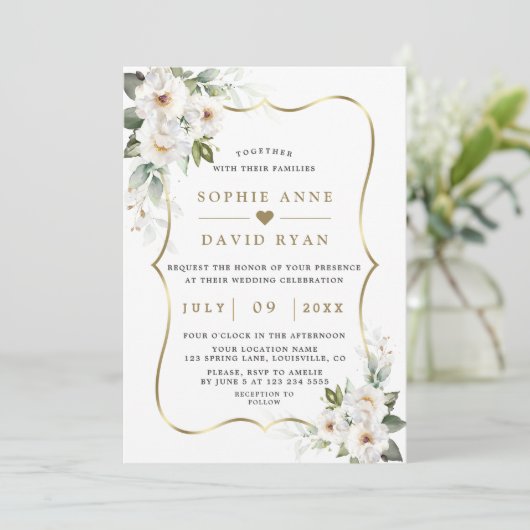 Charm White Flowers Roos Gold Wedding Kaart (Staand voorkant)