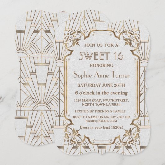 Charm White Gold Great Gatsby Art Deco Sweet 16 Kaart (Voorkant / Achterkant)