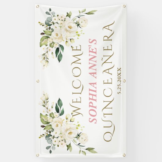 Charm White Ivory Floral Quinceañera Welkom Spandoek (Verticaal)