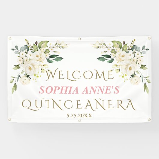 Charm White Ivory Floral Quinceañera Welkom Spandoek (Horizontaal)