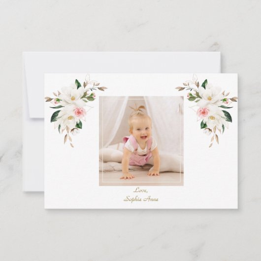 Charm White Magnolia Foto Meisje Doop Bedankkaart (Voorkant)
