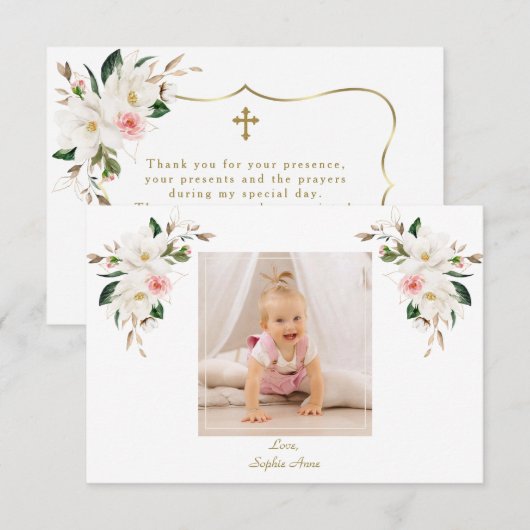 Charm White Magnolia Foto Meisje Doop Bedankkaart (Voorkant / Achterkant)