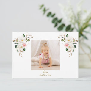 Charm White Magnolia Photo Girl Baptisme Bedankkaart