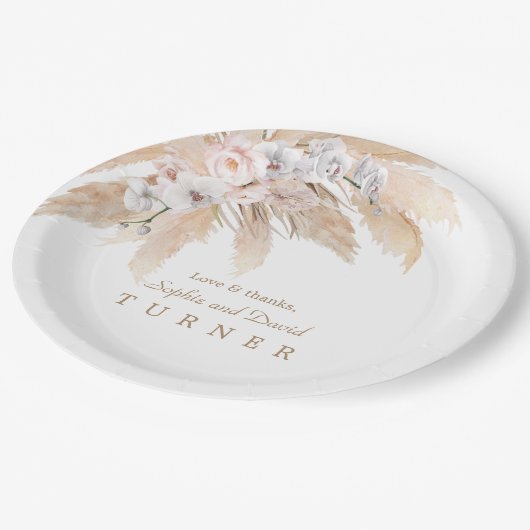 Charm White Orchid Blush Roos Pampas Grass Wedding Papieren Bordje (Gekanteld)