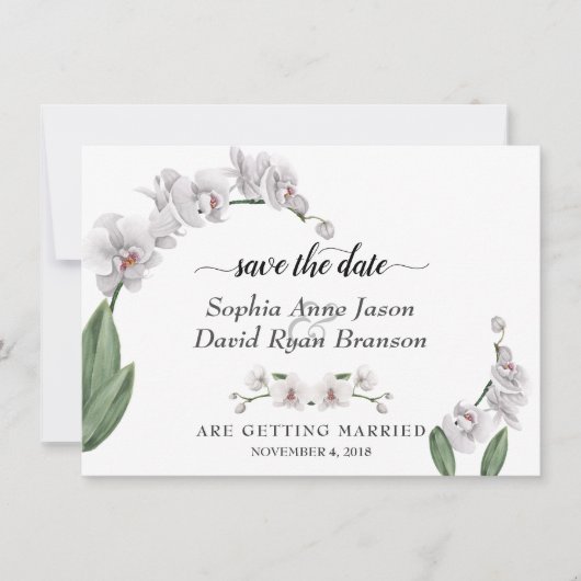 Charm White Orchid Wedding Calligraphy Save The Date (Voorkant)
