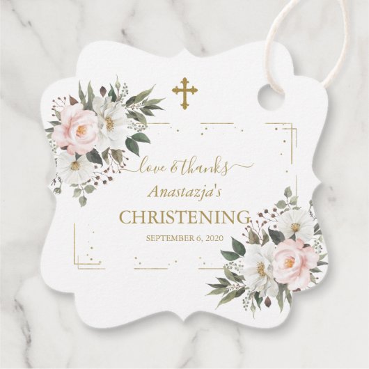 Charm White Pink Floral Gold Confetti Christening Bedankjes Labels (Achterkant)