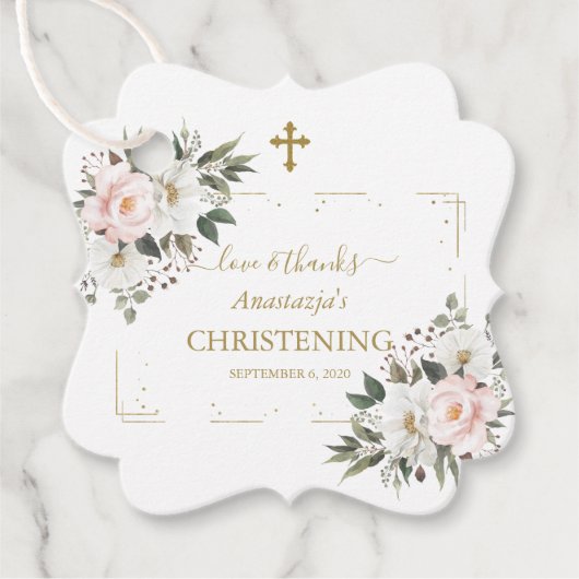 Charm White Pink Floral Gold Confetti Christening Bedankjes Labels (Voorkant)
